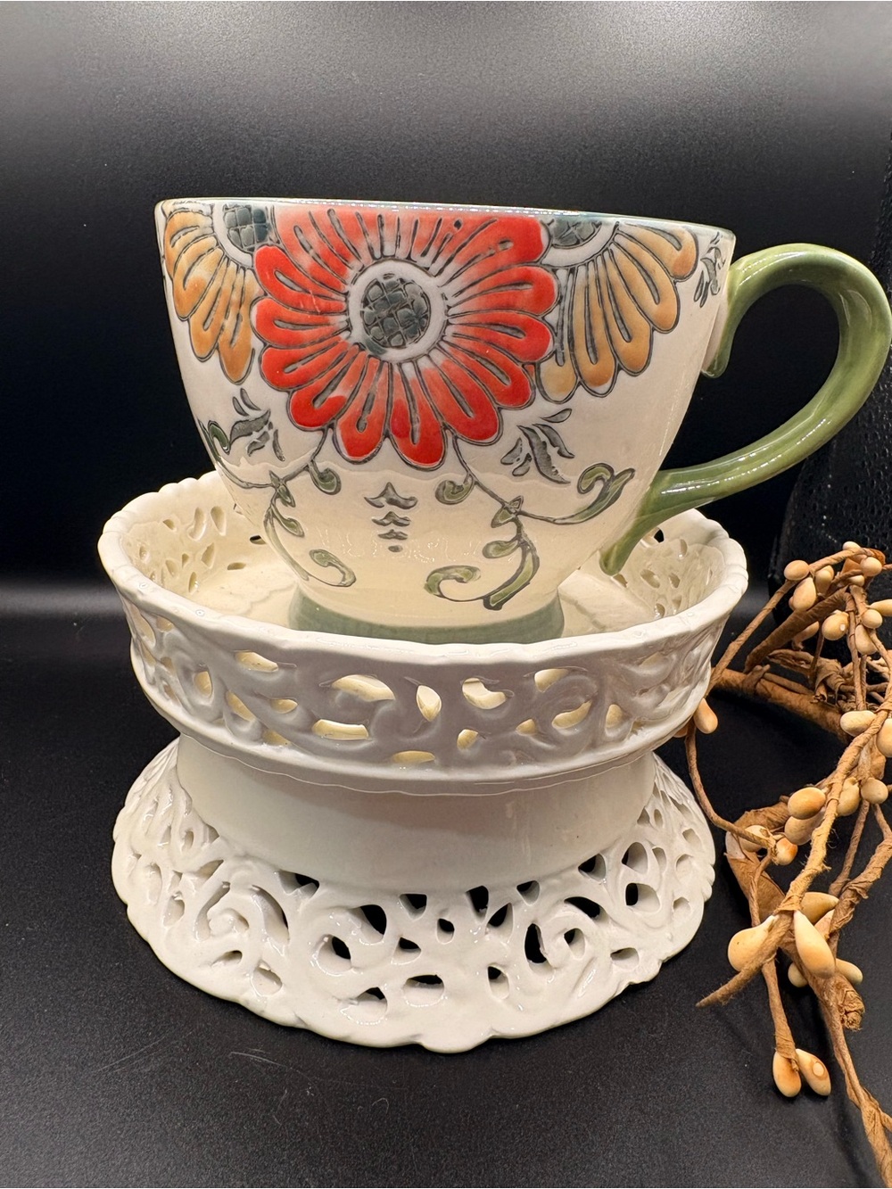 Floral Ceramic Teacup in  Coral and Green down time cottage Grandmas kitchen